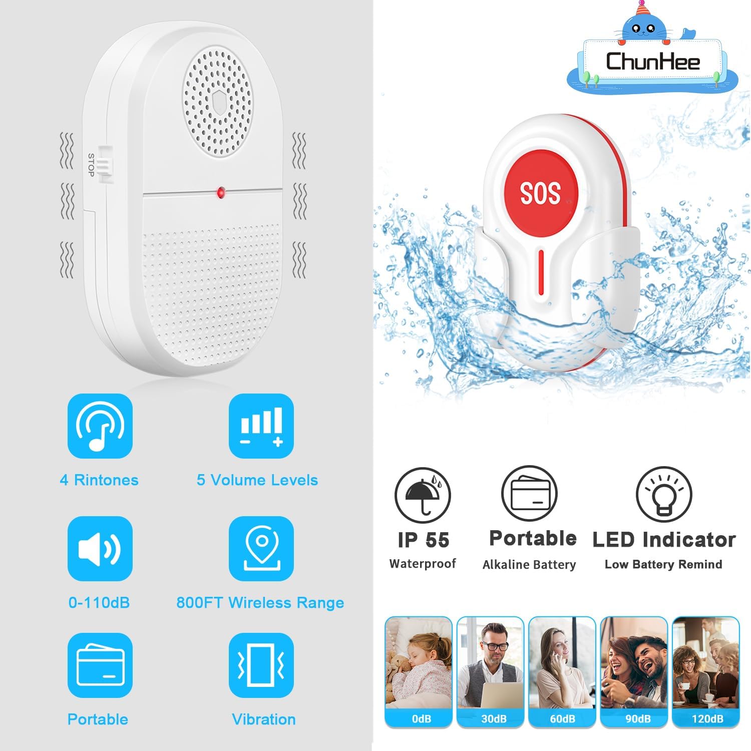 Daytech Wireless Caregiver Pager & SOS Call Bell System - Elderly Patient Alert with 3 Remind Buttons & 2 Vibrating Receivers