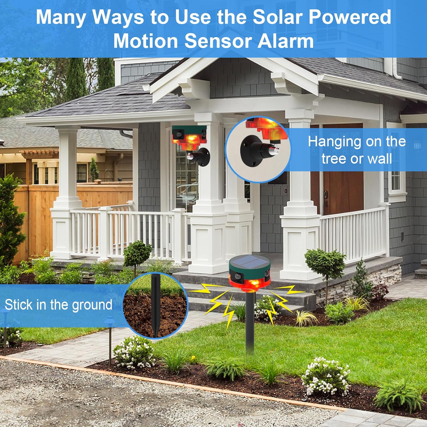 Daytech Solar Outdoor Alarm Motion Sensor, 360°Motion Detector Alarm,13 Default Sounds & Recording,129dB Loud Siren,3 Work Modes Strobe Light with Remote for Home,Farm,Barn,Villa,Yard 2Pack