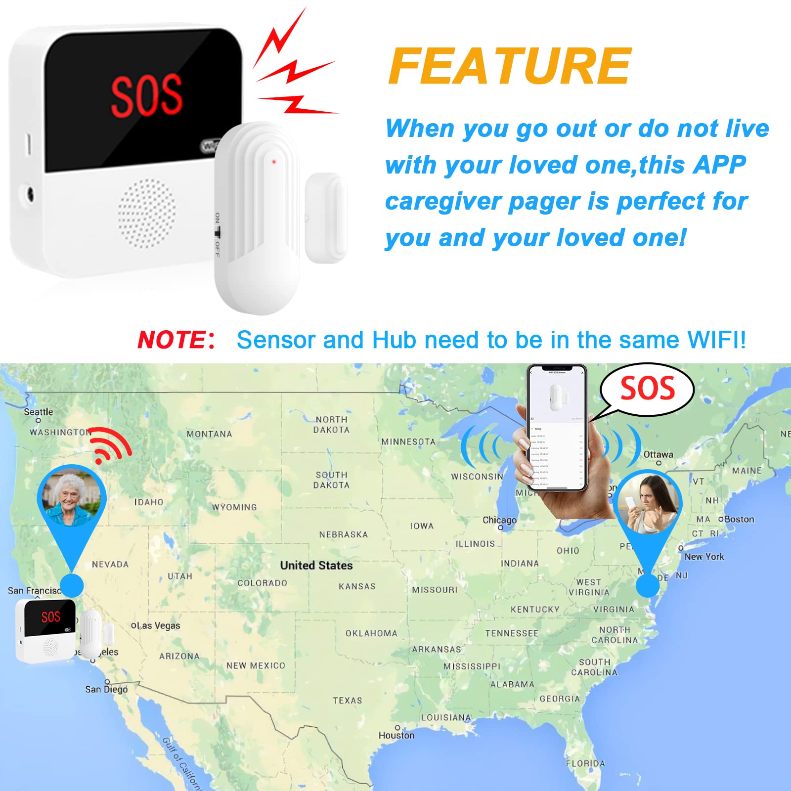 CallToU WiFi Smart Wireless Caregiver Pager Door Alarms for Dementia Patients Door Chimes with 2 Door Sensors 1 Receiver CallToU