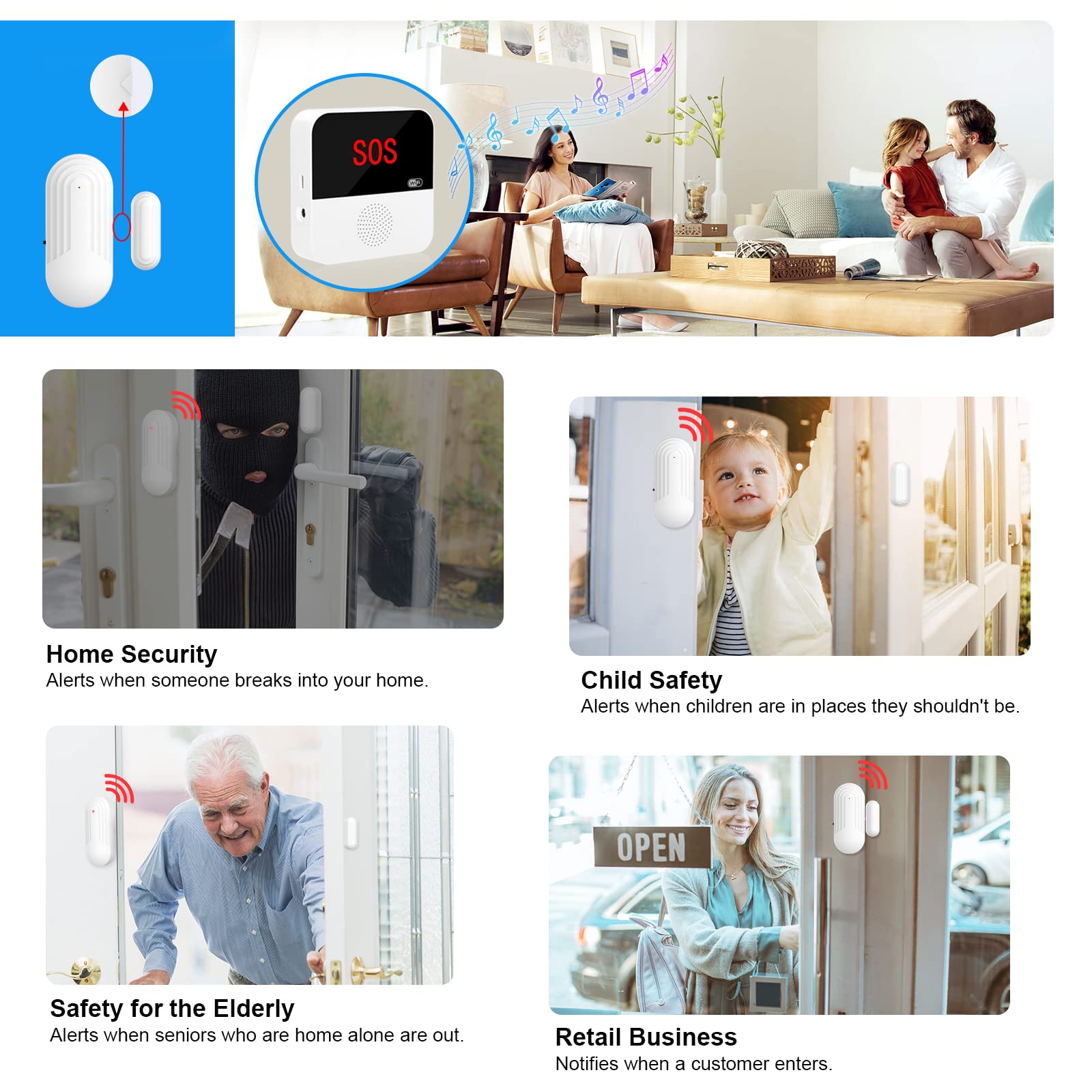 CallToU WiFi Smart Wireless Caregiver Pager Door Alarms for Dementia Patients Door Chimes with 2 Door Sensors 1 Receiver CallToU