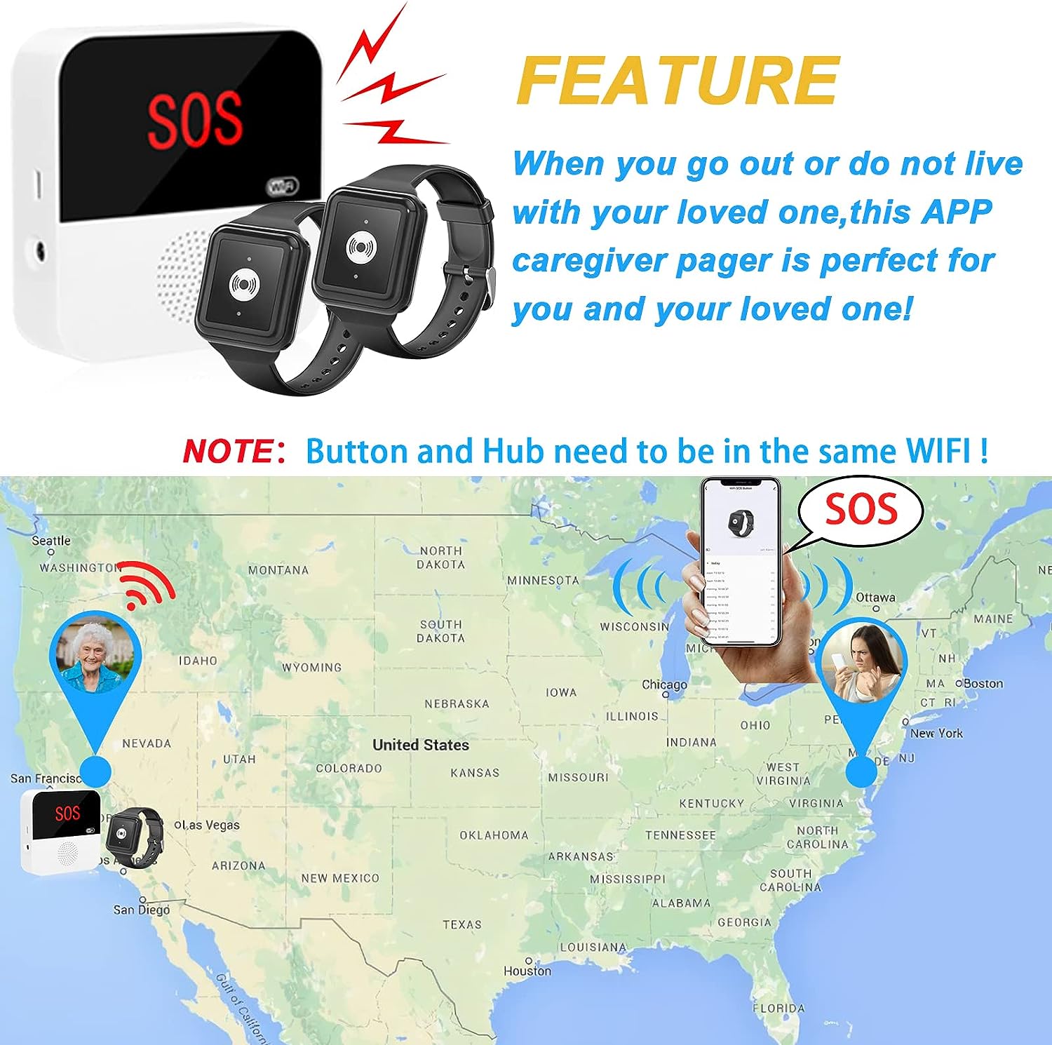 CallTou WiFi Caregiver Pager Call Button Nurse Call System Emergency Button for Elderly Patient Seniors Disabled 2 Watch Buttons 1 Receiver CallToU