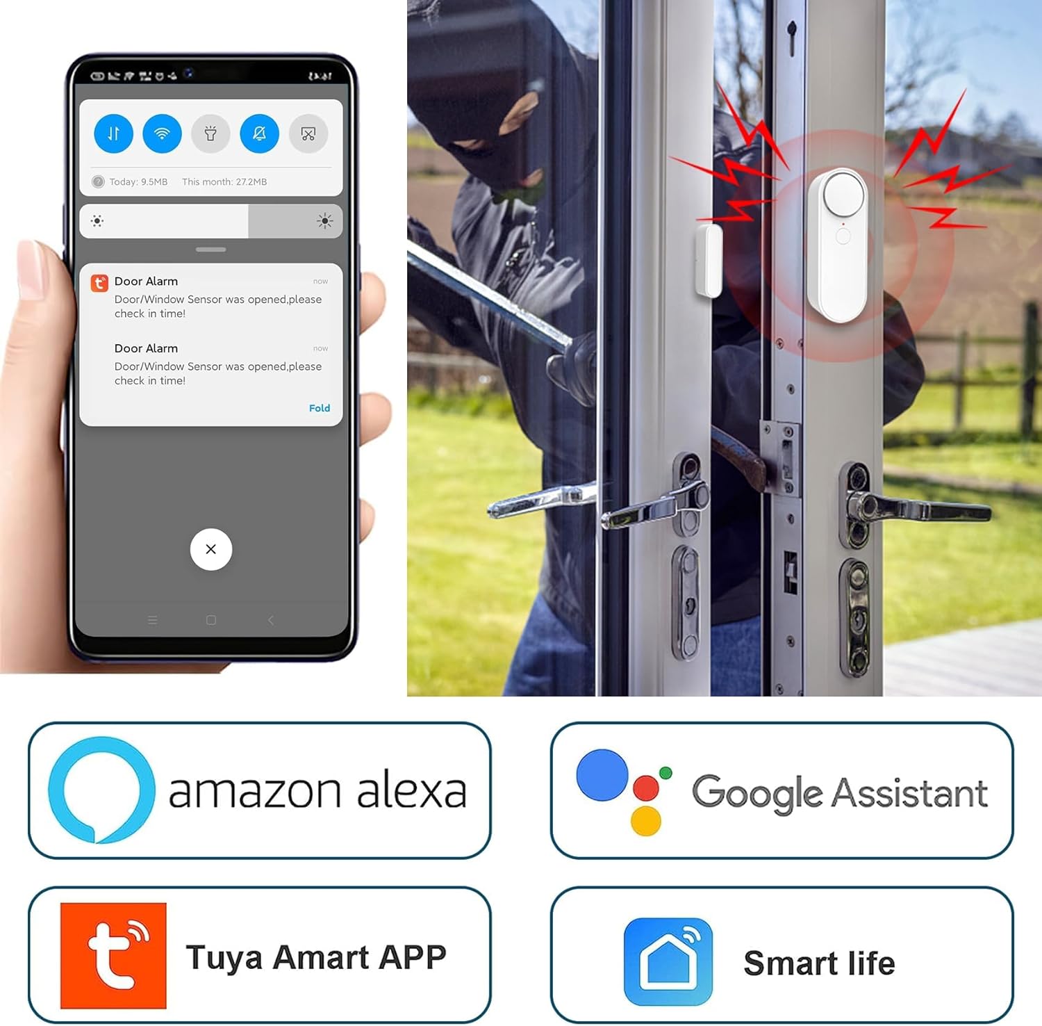 Daytech WiFi Door Sensor: Real-time Alarms, Alexa & Google Assistant, No Hub Needed, Home/Business Security, 2-Pack
