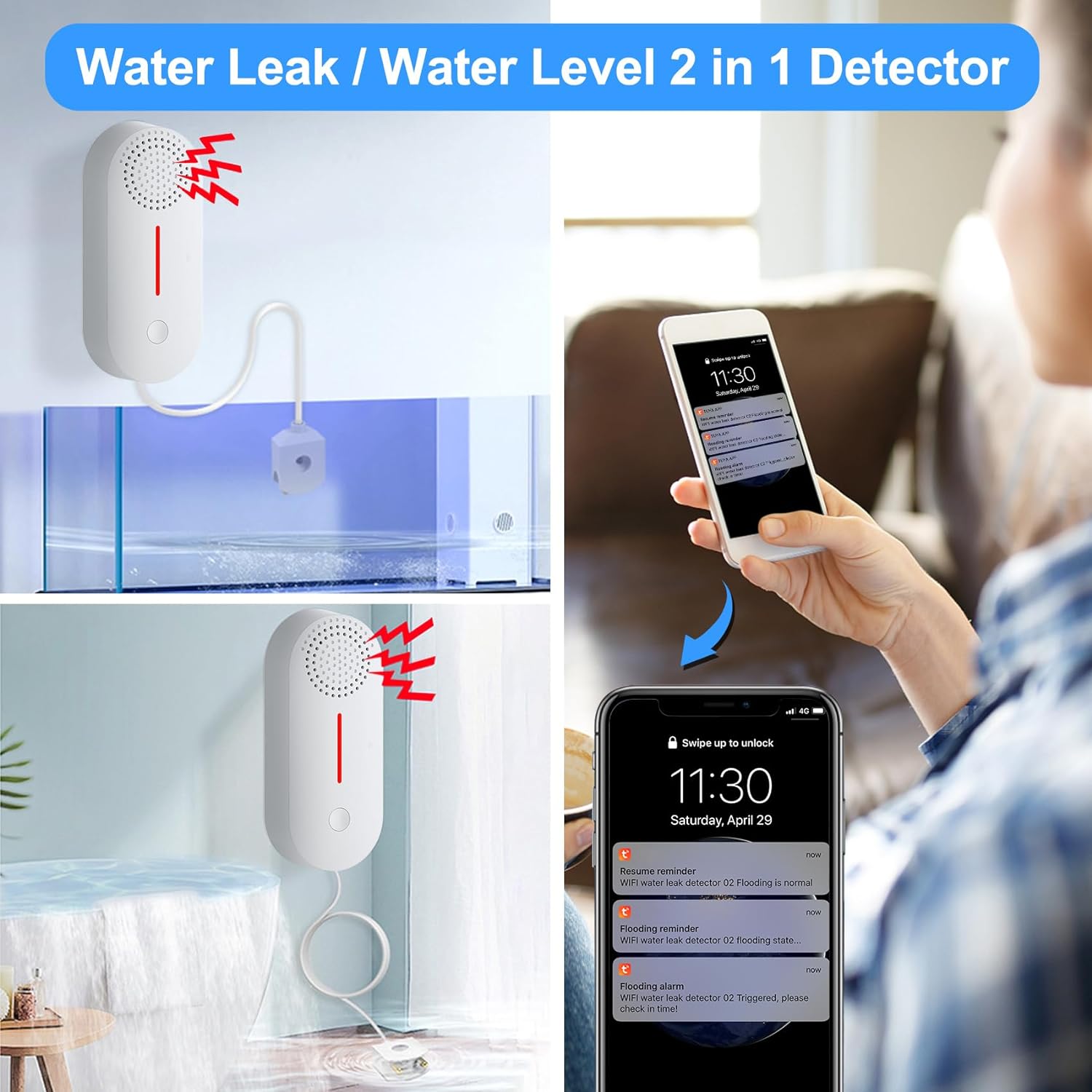 Smart Water Leak Detector & Water Level Sensor - WiFi Alarm System with 100dB Alert - DAYTECH 2 in 1 Monitoring Solution