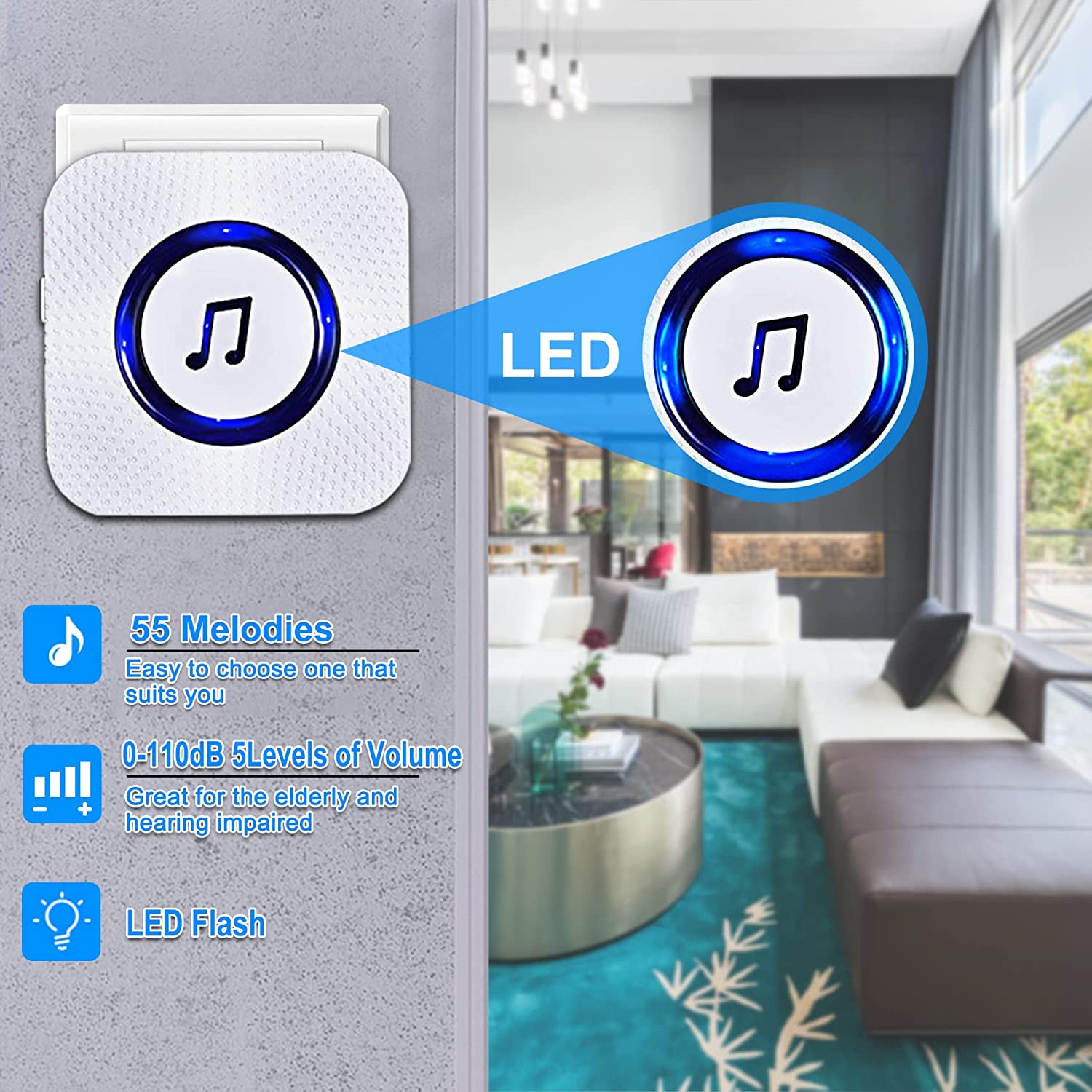 CallToU Door Chime,Wireless Door Sensor with 55 Chimes 5 Adjustable Volume Mute Mode for Business/Home/Store,Door Open Alert with 1000ft Range LED Indicators CallToU