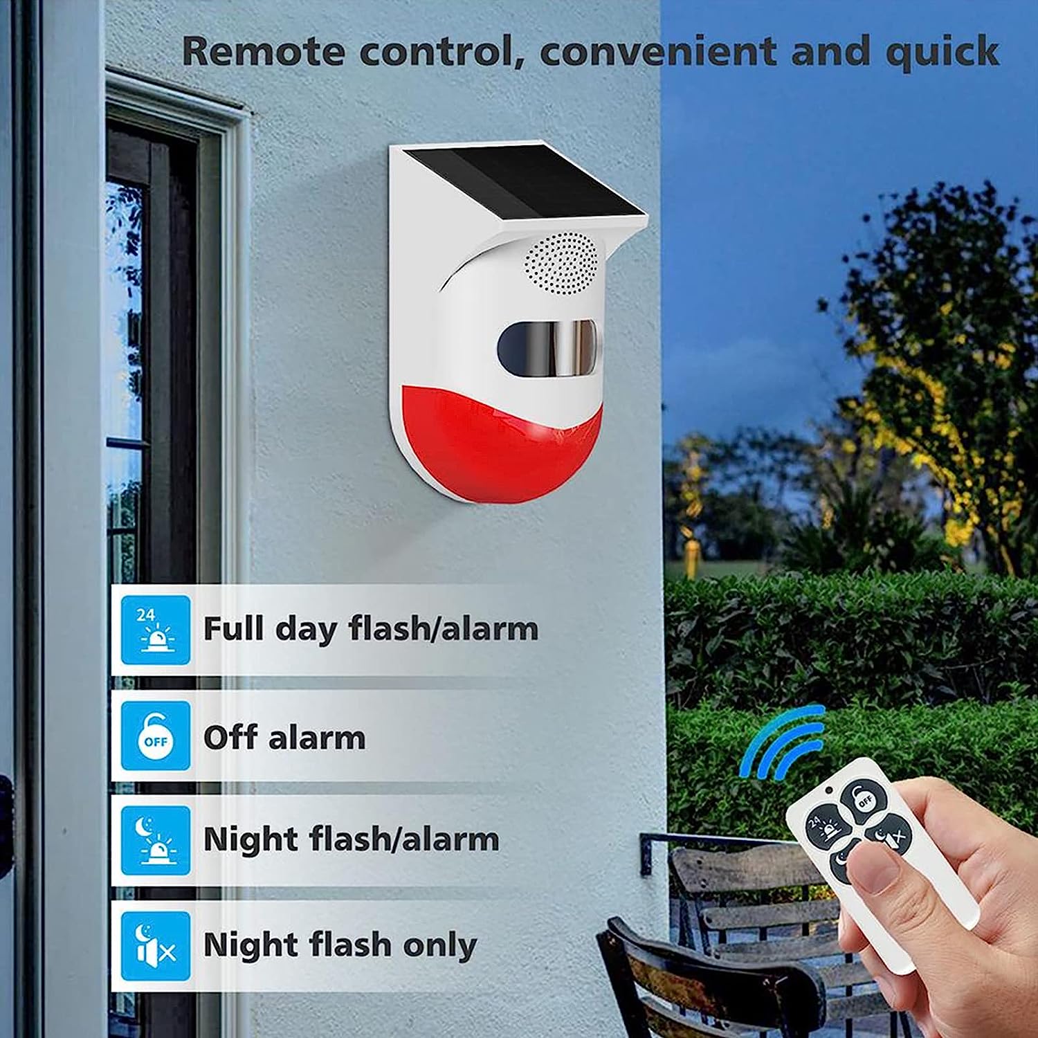 CallToU Solar Strobe Alarm Light with Motion Sensor Siren Outdoor Alarm Siren with Remote Controller 120db Sound Security Siren Light IP67 Waterproof and 4 Mode (1Pack) CallToU