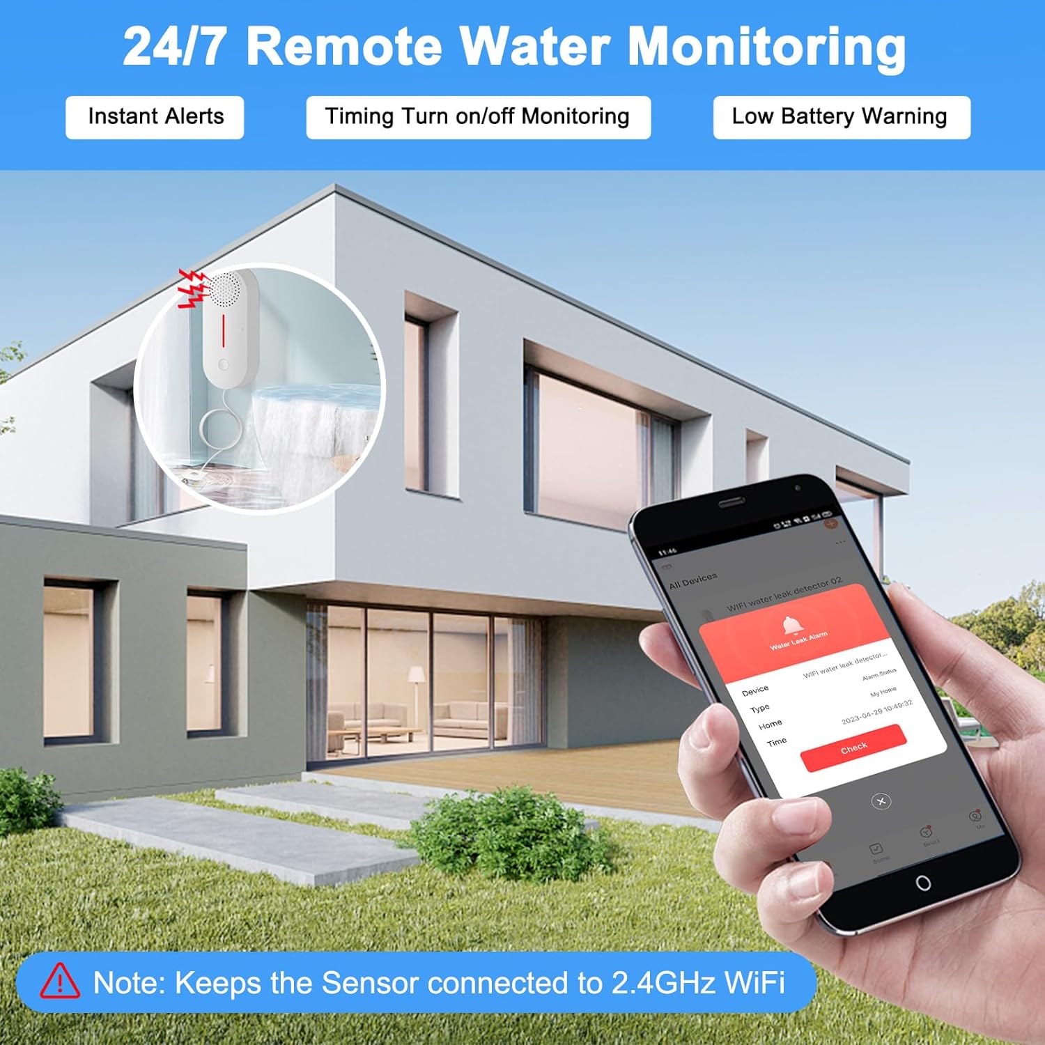 Smart Water Leak Detector & Water Level Sensor - WiFi Alarm System with 100dB Alert - DAYTECH 2 in 1 Monitoring Solution
