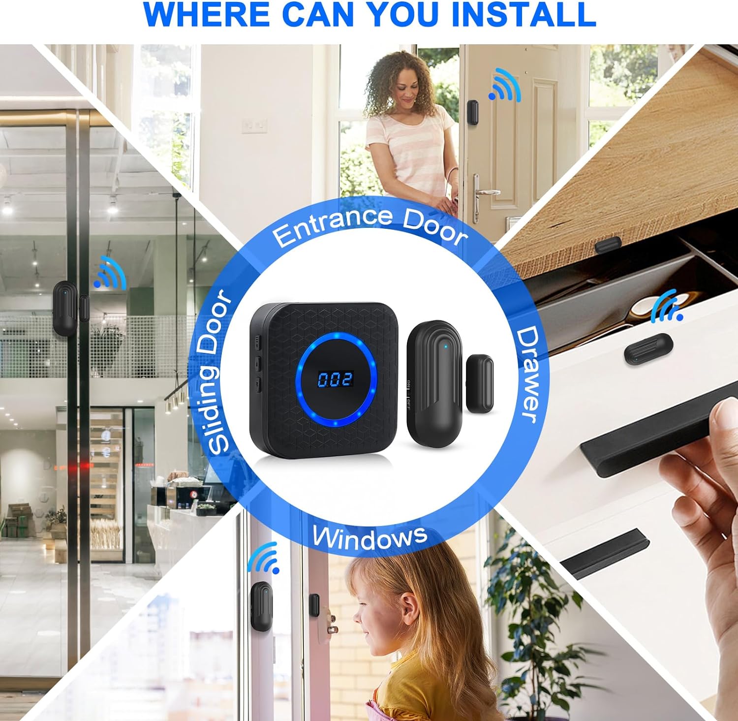 Door Chime SanJie Wireless Door Sensor for Business Home Office When Entering Door Sensor Chime with 500Ft Range 55 Chimes 5 Volume Levels Adjustable Number Display(1 Receiver & 3 Sensor) CallToU