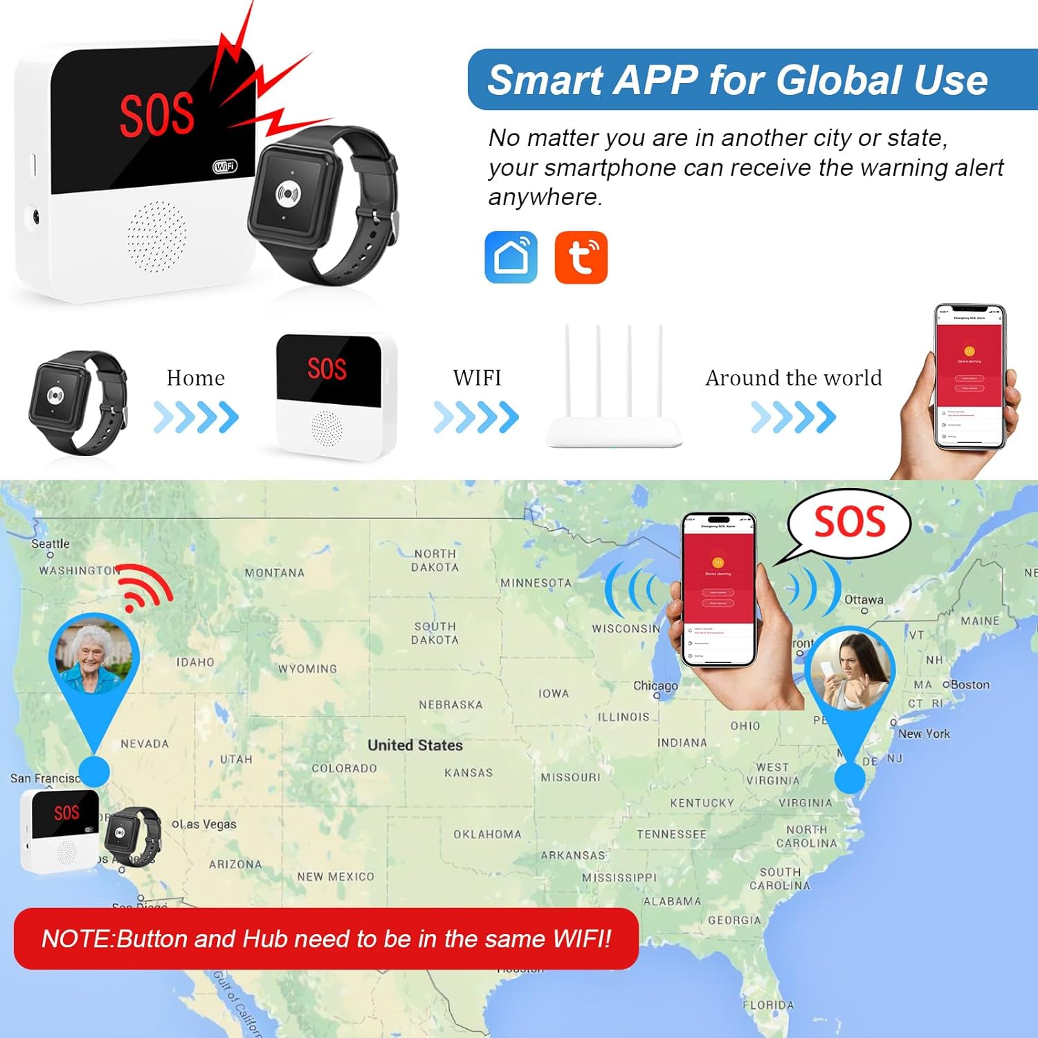 Daytech WiFi Caregiver Pager Call Button Life Alert Systems for Seniors No Monthly Fee Emergency Button for Elderly Patient Disabled