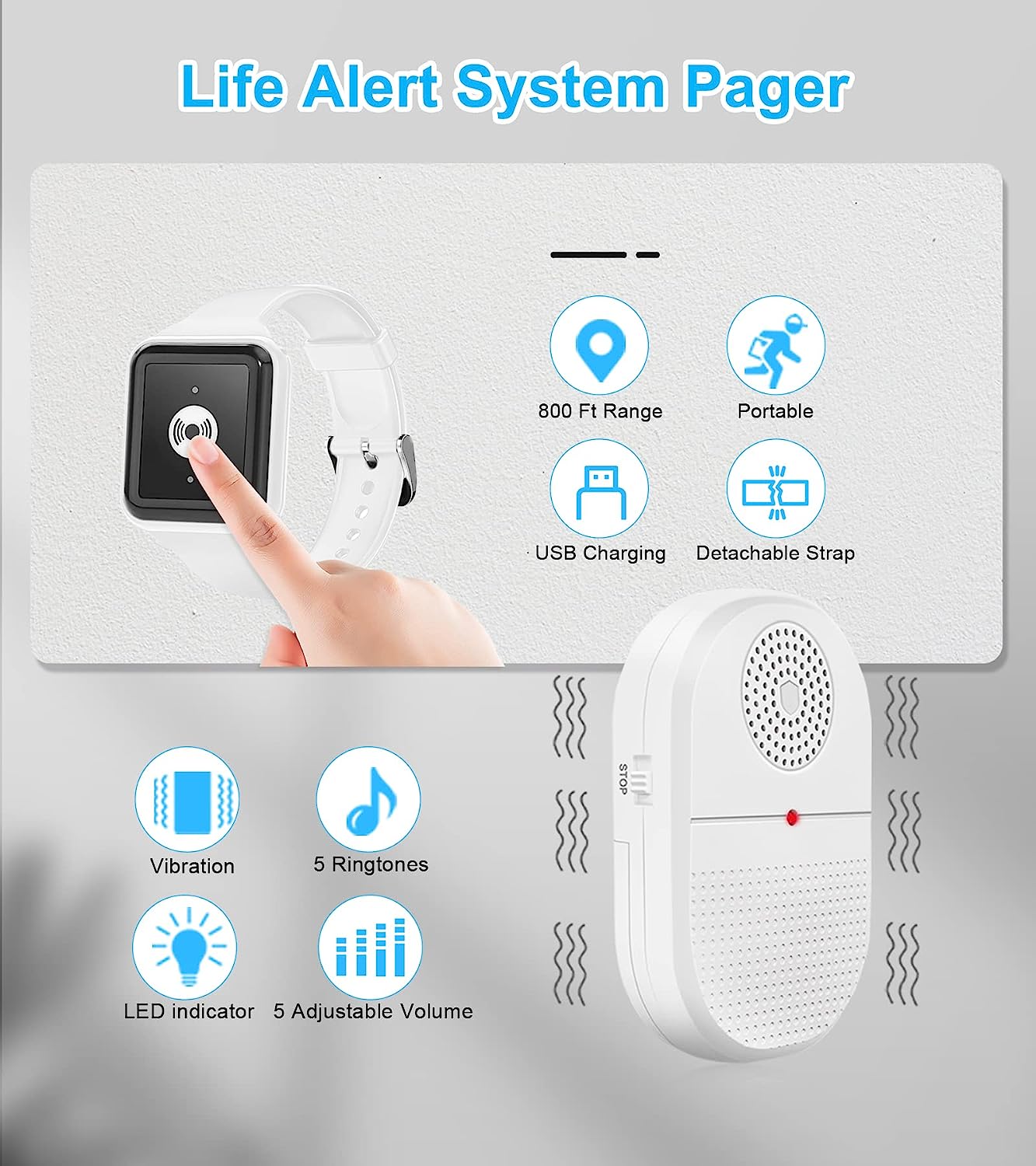 CallToU Wireless Caregiver Pager Watch Call Button Nurse Alert System Home Call Bell for Seniors Disabled Emergency Vibration Pager 1 Transmitter+1 Receiver CallToU