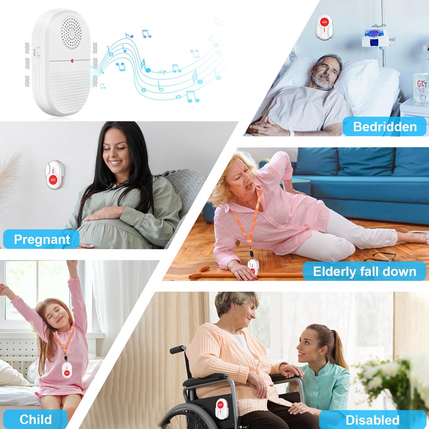 Daytech Wireless Caregiver Pager & SOS Call Bell System - Elderly Patient Alert with 3 Remind Buttons & 2 Vibrating Receivers