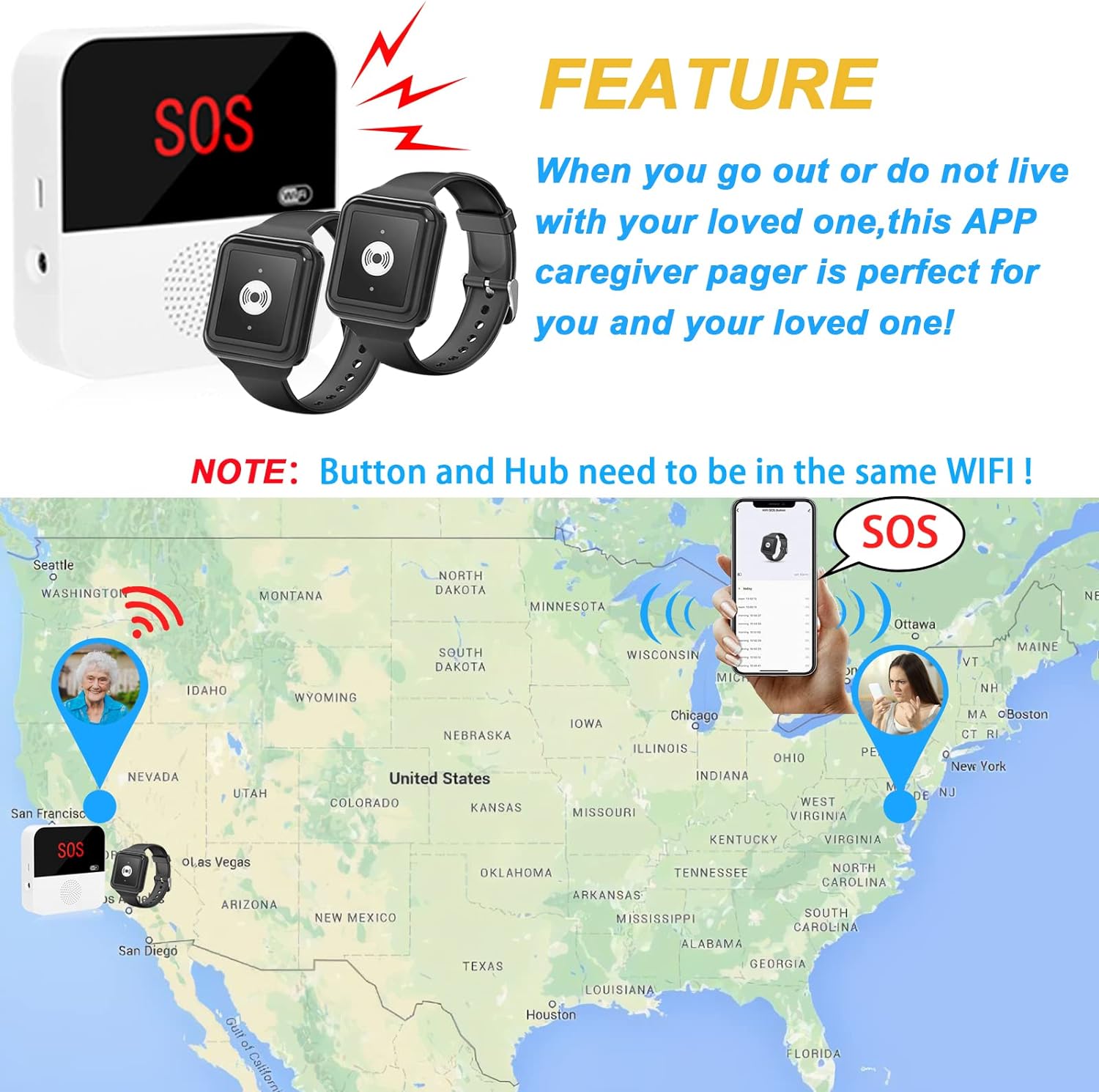 Daytech Stay Connected and Provide Peace of Mind with the Smart WiFi Caregiver Pager System and Alert Watch for Seniors and Patients