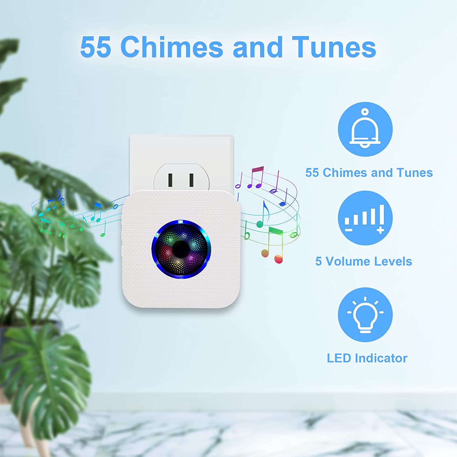 CallToU Wireless Doorbell Waterproof Doorbell Chime Operating at 1000 Feet with 55 Ringtones 5 Volume Levels and 7 Colour Flash LED Light CallToU