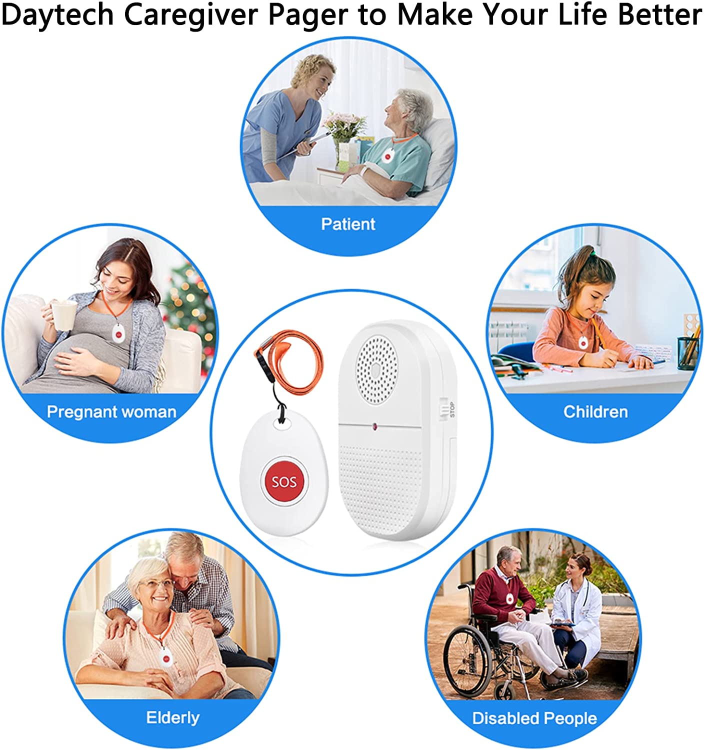 CallToU Wireless Caregiver Pager Vibration Alert System, SOS Emergancy Call Button Alarm for Elderly Seniors Personal Nurse, 800ft Operating Range,1 Portable Receiver + 2 Transmitters CallToU