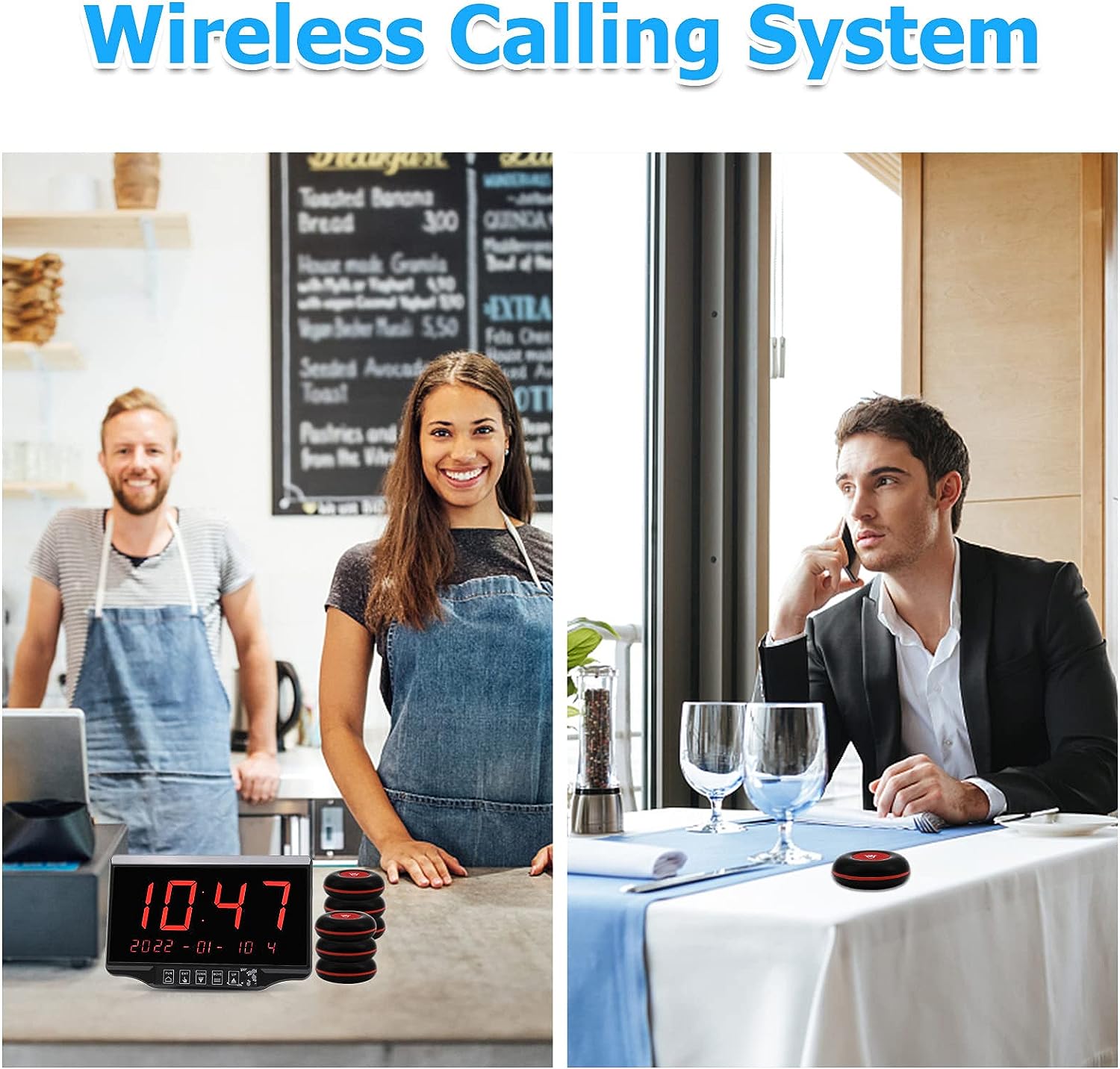 CallToU Restaurant Pager System Wireless Calling System for Customers Restaurant Clinic Waiter Nurse Service System with 1 Display Receiver 1 Watch Receiver and 10 Waterproof Call Buttons CallToU