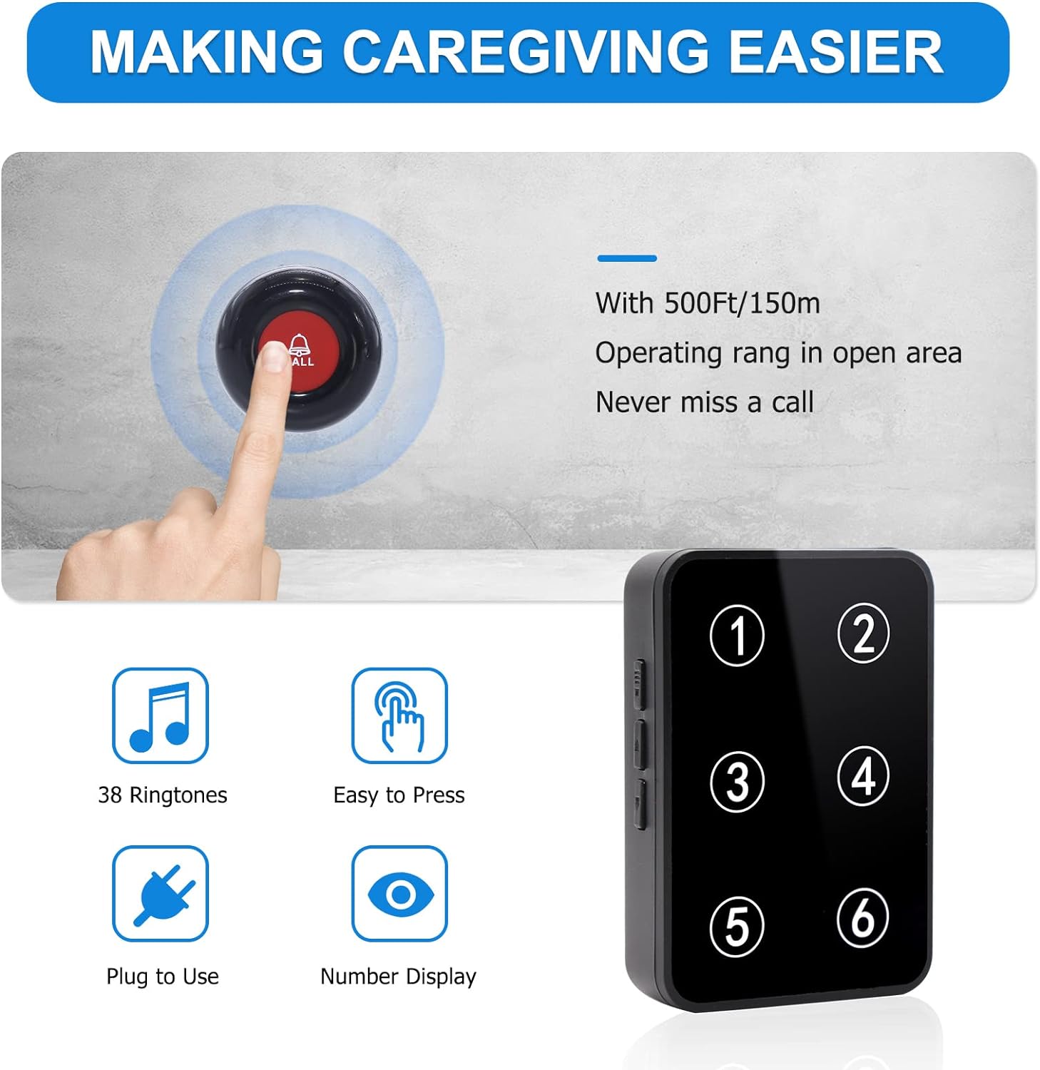Daytech Wireless Nurse Call System with LED Number Display & 500Ft Range - Easy Installation, Panic Button, and Elderly Caregiver Alert