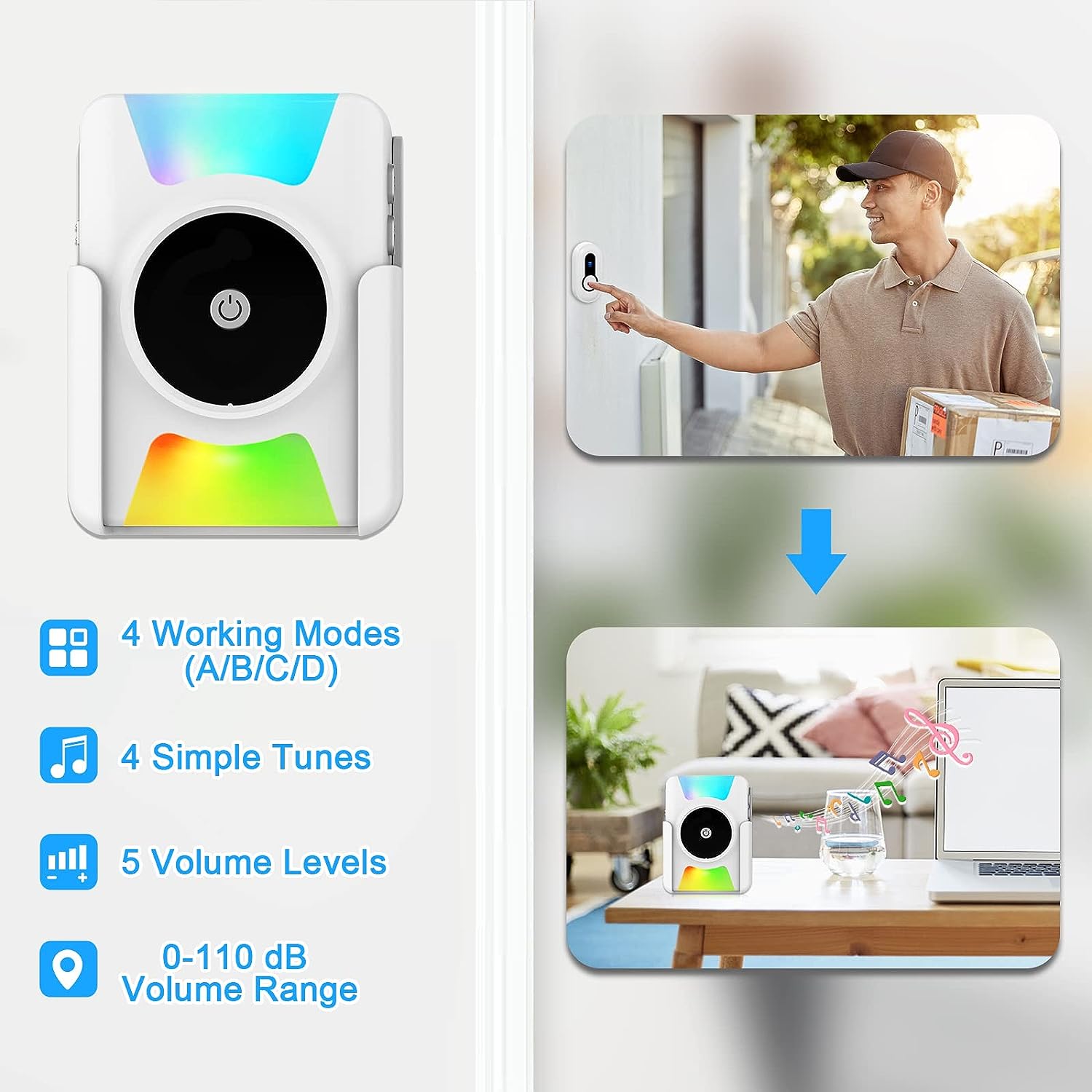 CallToU Wireless Doorbell Battery Operated Vibrating LED Flashing for Home Hearing Impaired Doorbell chime Kit,Battery Powered 4 Working Modes 5 Volume Level CallToU