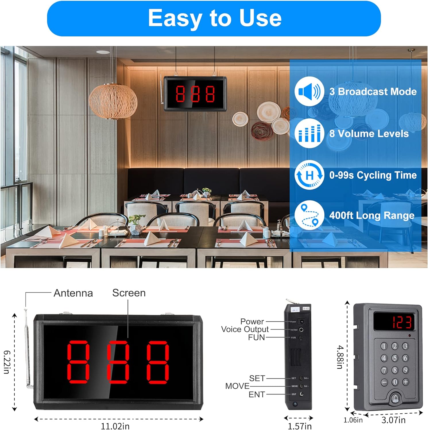 Daytech Wireless Queue System - Restaurant & Clinic Paging - 3-Digit Display - Plug & Play - Long Range - No More Tedious Queues