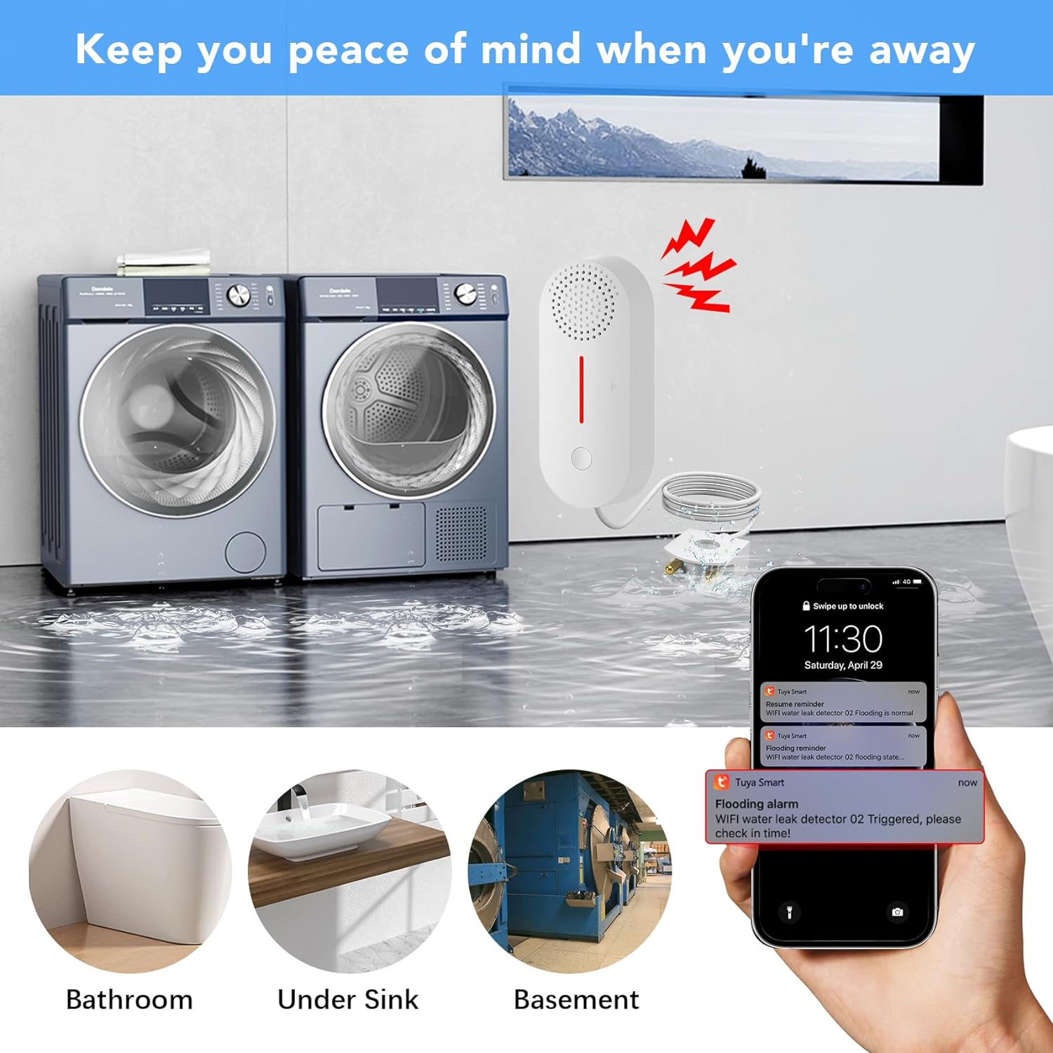 Smart Water Leak Detector & Water Level Sensor - WiFi Alarm System with 100dB Alert - DAYTECH 2 in 1 Monitoring Solution
