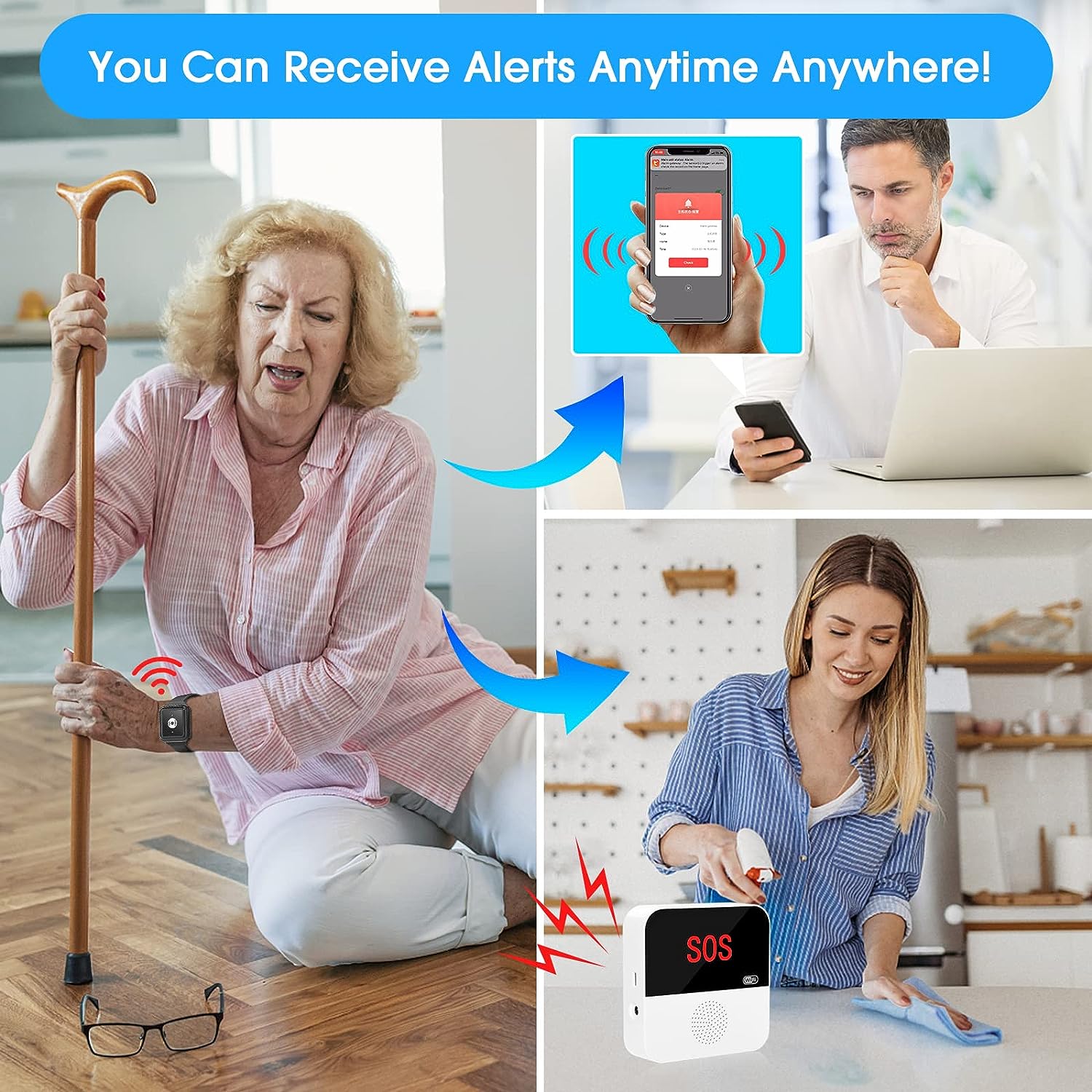CallTou WiFi Caregiver Pager Call Button Nurse Call System Emergency Button for Elderly Patient Seniors Disabled 2 Watch Buttons 1 Receiver CallToU