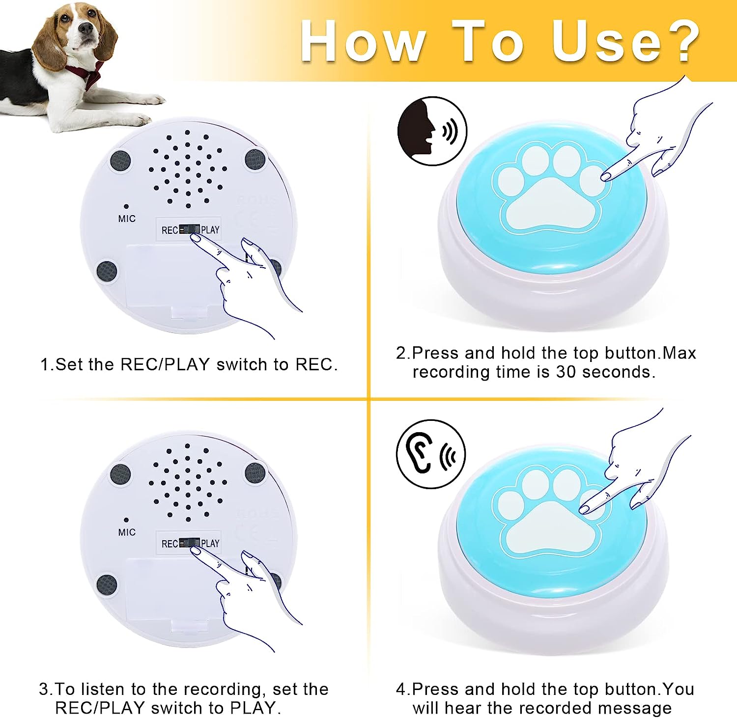 CallToU Dog Buttons for Communication - Recordable Talking Buttons for Dogs to Press to Communication 30 Seconds Voice Dog Training Speaking Buttons Pack of 8 (Battery Inclued) CallToU